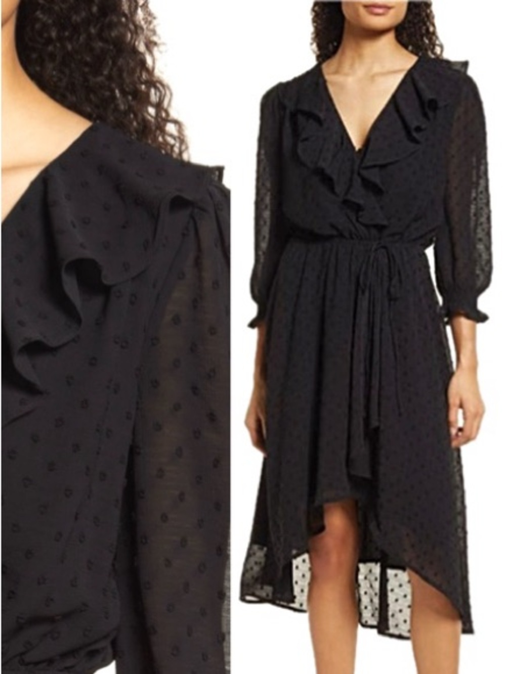NWT Fraiche by J Swiss Dot Faux Wrap Midi Dress Size Large Black Sheer Ruffle